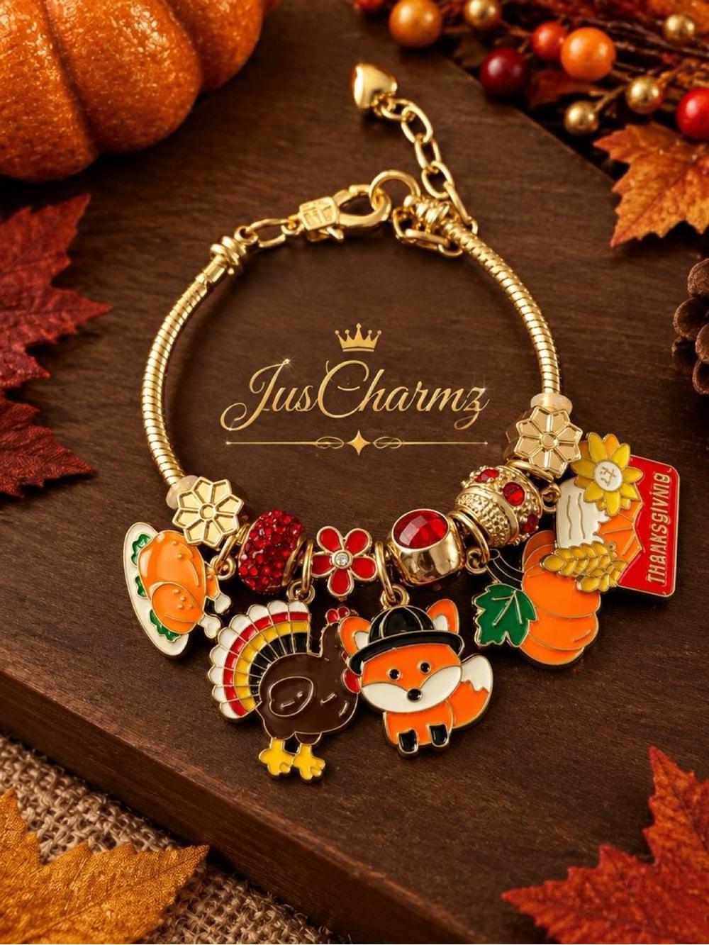 Thanksgiving Charm Bracelet Turkey Pumpkin Fox Holiday Gift